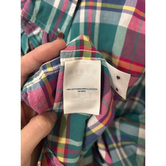 Lands’ End Madras Plaid Short Sleeve Button Shirt XL 17-17.5 100 Cotton Classic - Picture 5 of 9